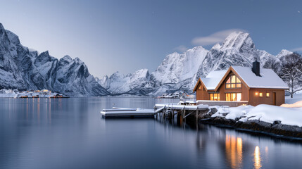 Fototapeta premium serene winter scene featuring cozy cabin by tranquil lake, surrounded by majestic snow covered mountains. soft glow from cabins windows adds warmth to chilly atmosphere
