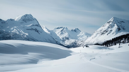Fototapeta premium Majestic snow covered mountains rise against clear sky, creating serene winter landscape. untouched snow blankets ground, inviting exploration and adventure