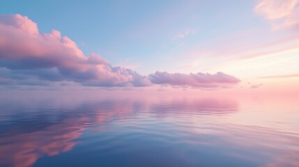 Obraz premium Serene ocean view with soft pink clouds reflecting on the calm water surface at sunset.