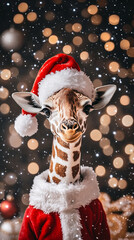 Xmas vibes - christmas mood - happy funny cute giraffe wearing santa claus hat in front of...