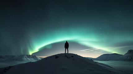 Fototapeta premium breathtaking view of Northern Lights illuminating night sky over snowy landscape, with solitary figure standing on hill, creating sense of wonder and tranquility