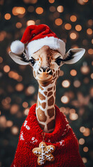 Xmas vibes - christmas mood - happy funny cute giraffe wearing santa claus hat in front of...