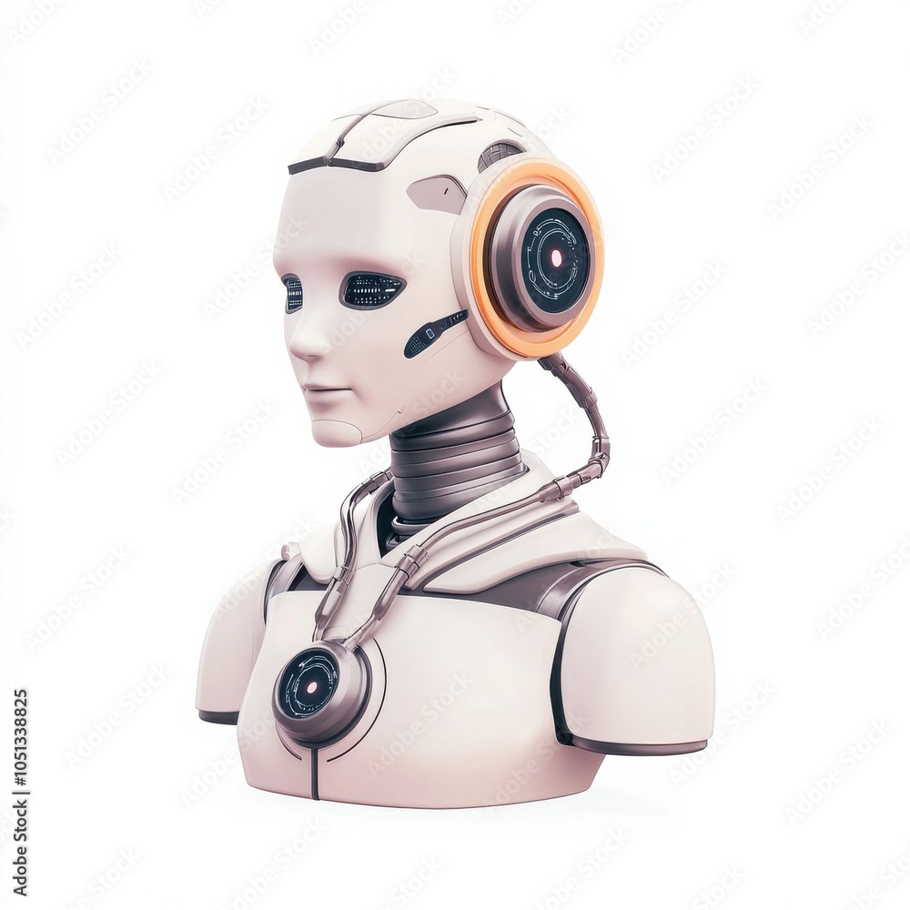 Poster a futuristic robotic head with sleek design, featuring pronounced ears and a smooth surface, hinting