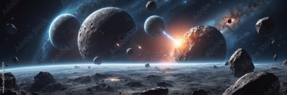 Poster deep space view with distant galaxy and asteroids in the foreground