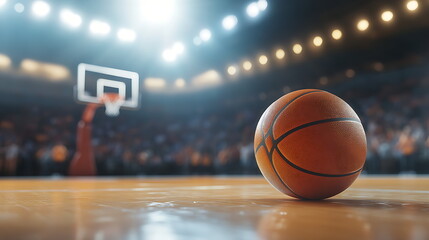 Obraz premium A basketball on a court with the spotlight, Generative AI