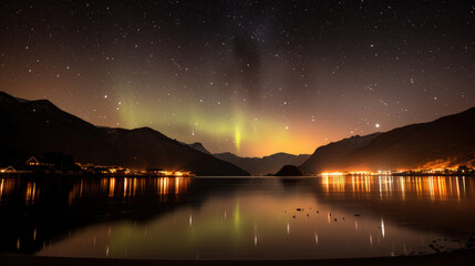 Breathtaking northern lights illuminate sky above Lofoten, creating stunning reflection on calm waters. serene landscape is enhanced by distant mountains and twinkling lights