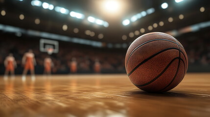 Naklejka premium A basketball on a court with the spotlight, Generative AI