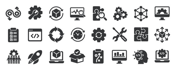 DevOps glyph solid icons collection. Containing development, operations, process, build, product. Minimal icon and symbol series vector illustration