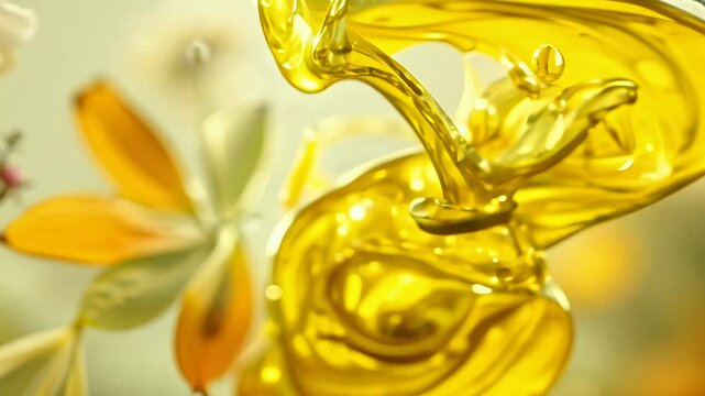 Witness intricate process extracting essential oil natural substances flowers golden flowing mesmerizing spiral beautifully filmed super slow motion cinematic camera nature laboratory green plant rb