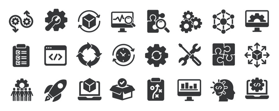 DevOps glyph solid icons collection. Containing development, operations, process, build, product. Minimal icon and symbol series vector illustration