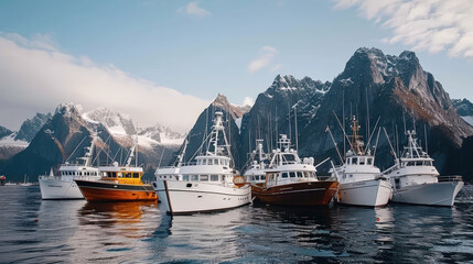 Fototapeta premium Breathtaking view of luxury yachts anchored in serene fjord, surrounded by majestic mountains and clear blue sky. scene captures tranquility and beauty of nature