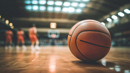 A basketball on a court with the spotlight, Generative AI