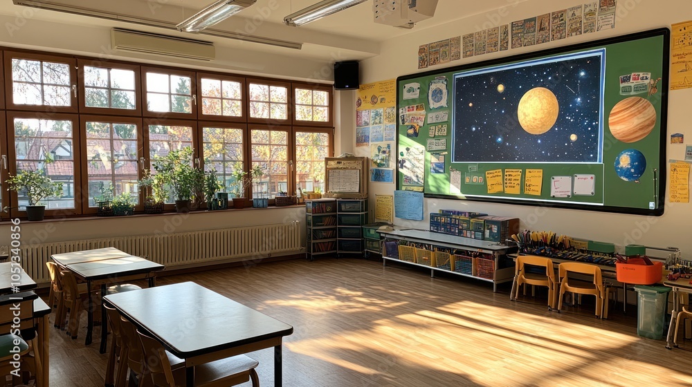 Poster an empty classroom with a large projector screen displaying a starry night sky