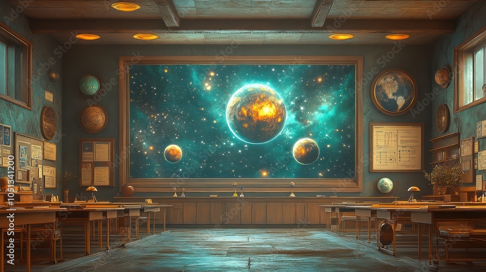 Poster a classroom with a view of outer space depicting planets and stars