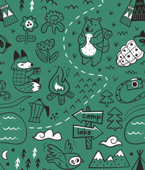 Green graphic map with cartoon animals. Seamless pattern