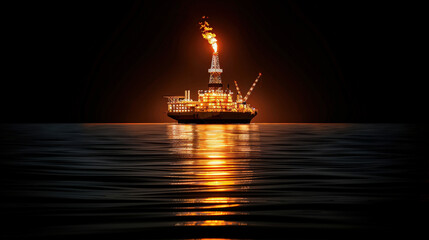 Fototapeta premium Offshore oil platform illuminated by flames, reflecting on calm water at dusk. scene captures industrial beauty and energy of oil extraction in serene environment