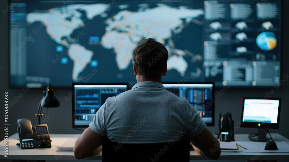 Poster focused individual analyzes data on multiple screens in modern office environment, surrounded by dig