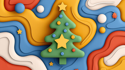 vibrant Christmas tree design in soft pastel tones, surrounded by colorful abstract shapes and playful elements, evokes festive and cheerful atmosphere
