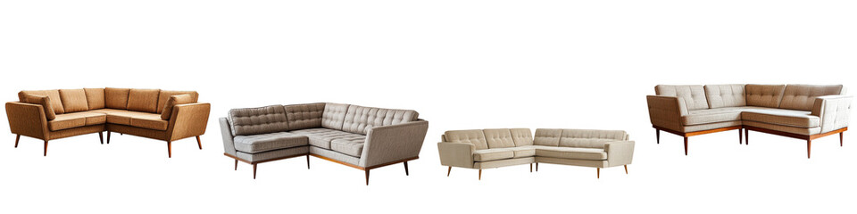 Fototapeta premium Assortment of stylish and contemporary sectional sofas loveseats and chairs arranged in various modern living room interior design settings Showcasing different upholstery fabrics colors