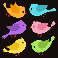 Bird icon set. Different color birds collection. Cute kawaii cartoon funny baby character. Colorful sticker print. Decoration element. Childish style. Flat design. Isolated. Black background. Vector