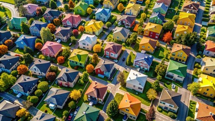 Fototapeta premium Drone's eye view capturing a cluster of colorful suburban homes , suburb, neighborhood, aerial, drone, view