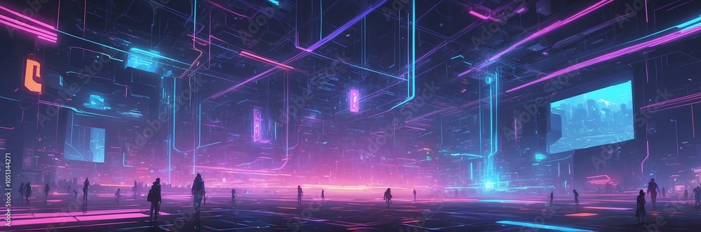 Poster futuristic digital grid with neon lines and glowing nodes