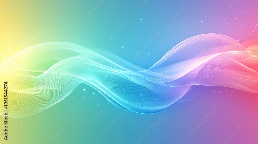 Poster abstract colorful wavy background with glowing particles.