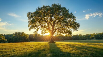 Fototapeta premium Majestic tree with sunlight shining through branches, green field background.