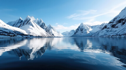 serene winter landscape featuring majestic snow capped mountains reflecting in calm lake under clear blue sky. tranquil scene evokes sense of peace and natural beauty