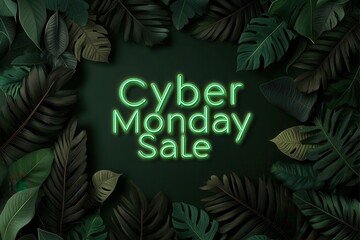 Image of Cyber Monday eco-friendly banner concept. A vibrant green text promotes a Cyber Monday Sale surrounded by lush dark foliage creating a festive shopping atmosphere printed on Printed Glass Splashbacks