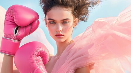 A model walks down the runway in a flowing pink gown, accessorized with pink boxing gloves and a fierce, determined expression.