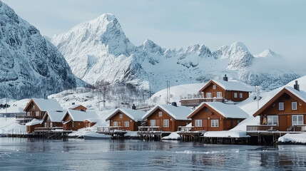 Obraz premium Snow covered village in Lofoten Islands with iconic wooden cabins and majestic mountains in background, creating serene winter landscape