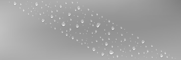 Water droplets on gray glossy surface. Background with diagonal composition of condensation drop. Realistic 3d vector illustration of dewy bg with liquid raindrop. Pattern with fresh humid effect