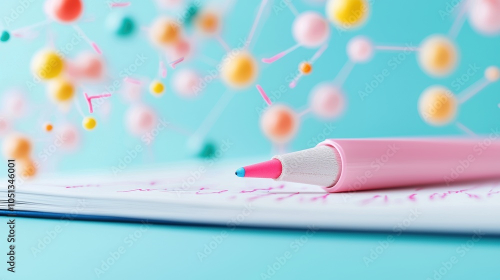 Aufkleber open textbooks filled with colorful diagrams and notes, a pink highlighter highlighting key scientif