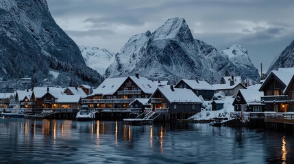 Naklejka premium serene winter scene of snow covered village nestled between towering mountains, reflecting beautifully in calm waters. cozy houses create picturesque atmosphere