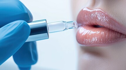 A close-up of a cosmetic treatment being applied to shiny lips with a dropper in a clinical setting.