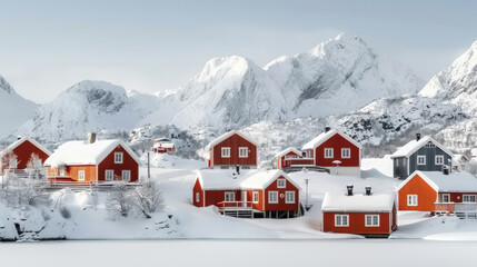 picturesque winter scene featuring snow dusted red and gray houses nestled in serene landscape surrounded by majestic mountains. tranquil atmosphere evokes sense of peace and beauty