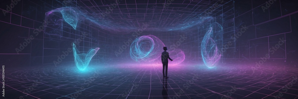 Poster virtual reality grid with swirling lines and floating holograms