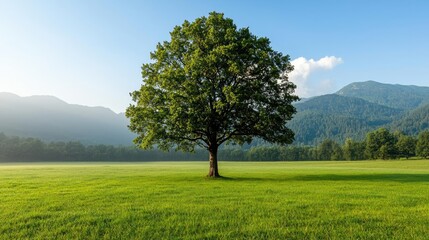 Fototapeta premium Lone tree in a green field against a backdrop of mountains and blue sky.