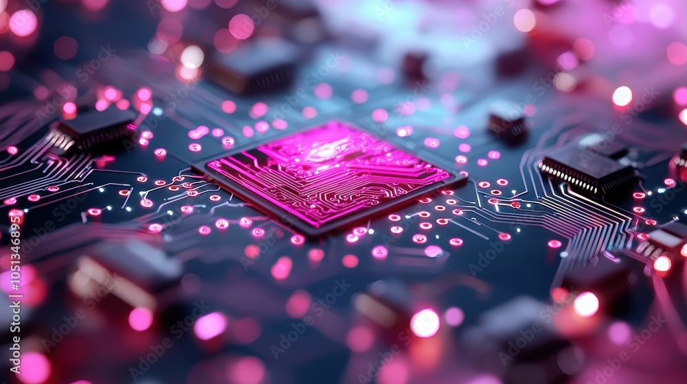 Aufkleber a close up of a circuit board, its intricate pathways illuminated in pink, representing the complex 