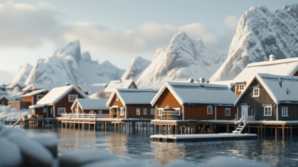 Fototapeta premium Snowy landscape of Reine village features charming wooden houses surrounded by majestic mountains. serene atmosphere evokes sense of tranquility and beauty