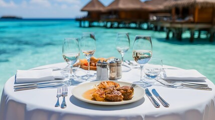 A beautifully set dining table by the turquoise sea, featuring a delicious meal and elegant glassware, perfect for a luxurious dining experience.