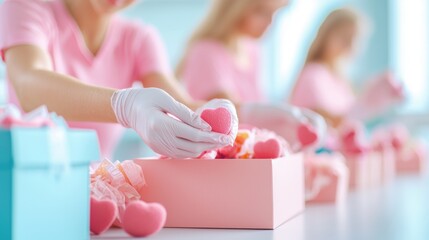 A group of volunteers wearing matching pink shirts packing care packages filled with pink items for breast cancer patients undergoing treatment.