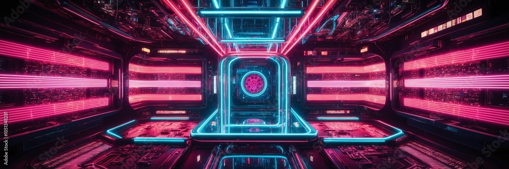 Poster pulsating neon light patterns forming a 3d technological structure