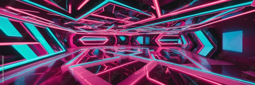 Poster neon geometric patterns moving rhythmically in a high-tech space