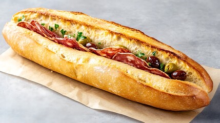 Classic baguette with thinly sliced charcuterie and olives