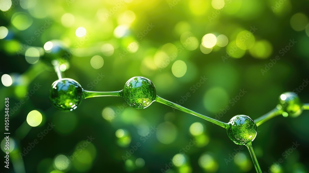 Aufkleber abstract green molecule structure with a bokeh background.
