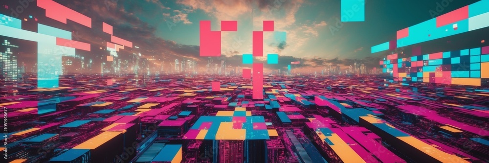 Poster pixelated glitch effect creating a distorted technological landscape