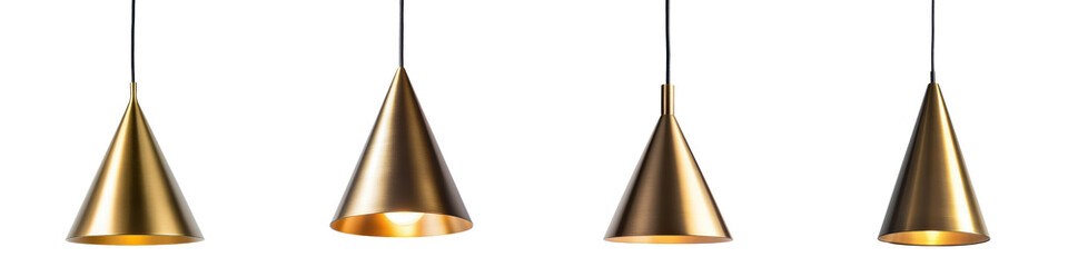 Fototapeta premium Elegant and minimalist gold pendant lighting fixtures hanging from ceiling in a modern contemporary interior design Metallic industrial style lamps providing warm