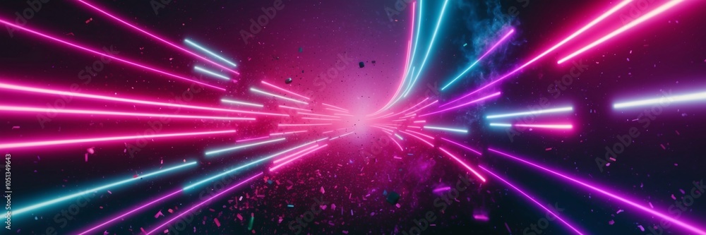 Poster neon-lit digital waveforms and particles moving through space